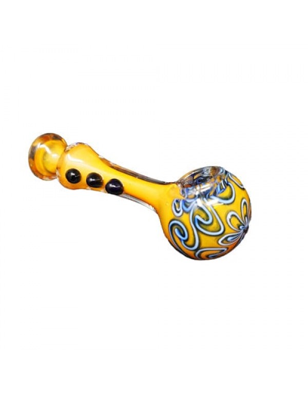 Yellow Handmade Glass Hand Pipe w/ Blue Threaded Accents